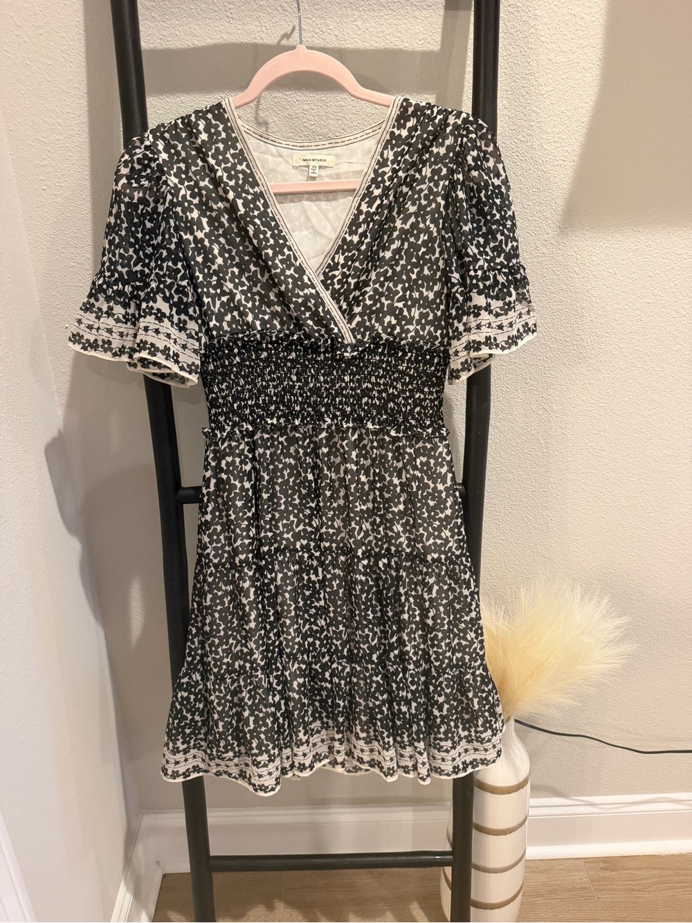 Max Studio Black and White Floral Smocked Waist Dress